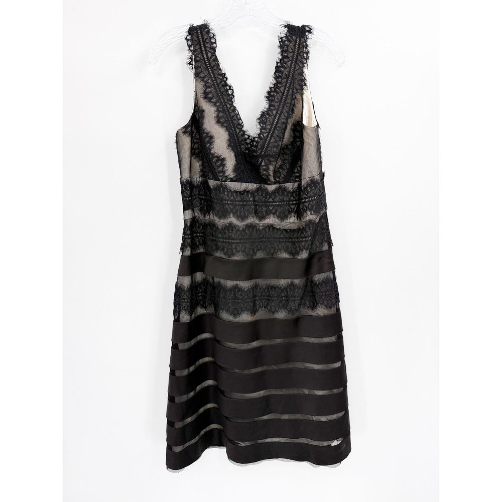 JS Collections Black Lace Satin Tiered V-Neck Cocktail Dress Size 10 Evening